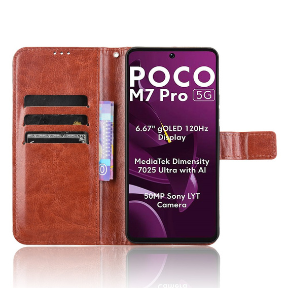 Klopové pouzdro pro Xiaomi Poco M7 Pro 5G, Crazy Horse Wallet, hnědé