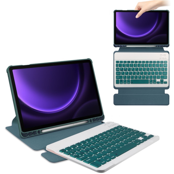 Pouzdro s klávesnicí pro Samsung Galaxy Tab S9 FE+ Plus, Rotary 360° Leather, tmavě zelené