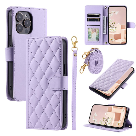 Pouzdro s klopou pro iPhone 16 Pro, Rhombus Crossbody Leather, fialové