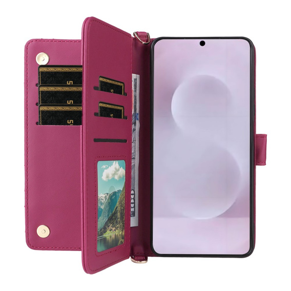Flipové pouzdro pro Samsung Galaxy S25 Edge, Crossbody Leather Wallet, kaštanové