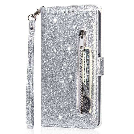 Klopové pouzdro pro Samsung Galaxy A56 5G, Wallet Zipper Pocket Glittery, stříbrné