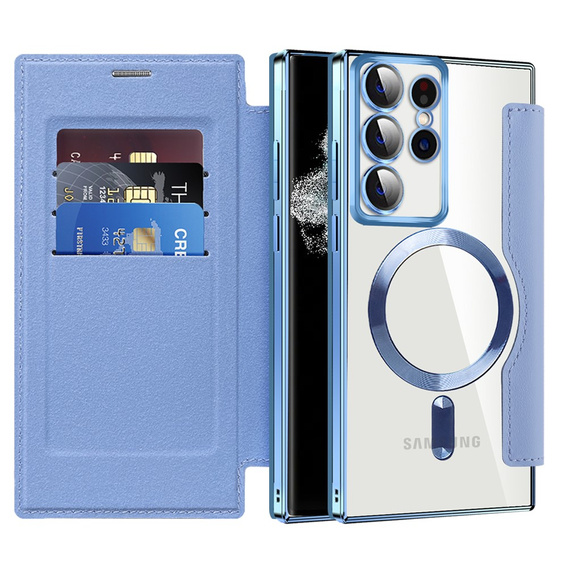Klopové pouzdro pro Samsung Galaxy S22 Ultra 5G, RFID Wallet MagSafe CamShield, modré