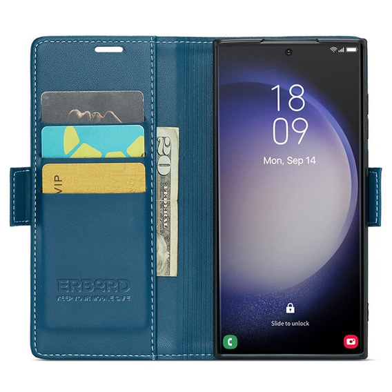 Pouzdro pro Samsung Galaxy S24 Ultra, ERBORD Glossy Litchi, flipová peněženka, modré