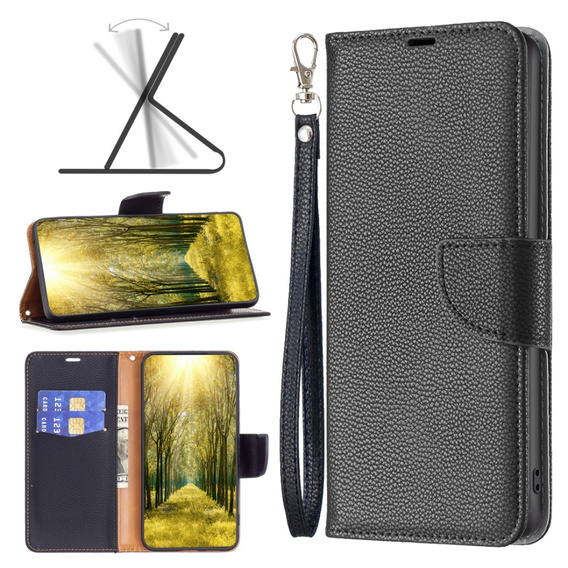Klopové pouzdro pro Samsung Galaxy A25 5G, Wallet Litchi Leather, černé + 9H sklo 