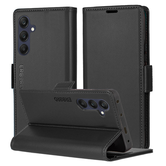 Pouzdro pro Samsung Galaxy A16, ERBORD Glossy Litchi, flipová peněženka, černé