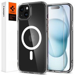 Pouzdro MagSafe Spigen pro iPhone 15, Ultra Hybrid, transparentní / bílé + 9H tvrzené sklo