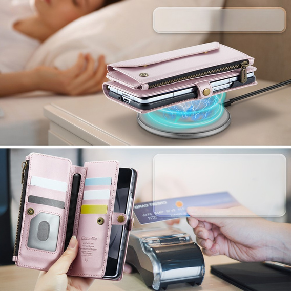 Pouzdro CASEME pro Samsung Galaxy Z Fold6 5G, RFID Leather Wallet, s popruhem přes rameno, růžové