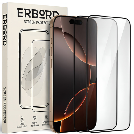 2x tvrzené sklo ERBORD 3D pro iPhone 16 Pro Max pro celý displej