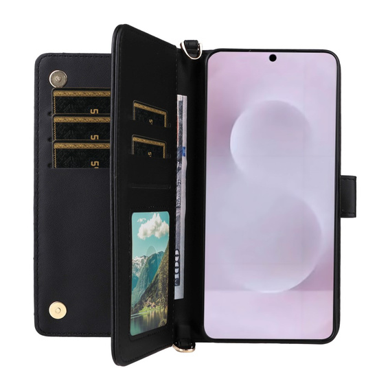 Flipové pouzdro pro Samsung Galaxy S25 Edge, Crossbody Leather Wallet, černé