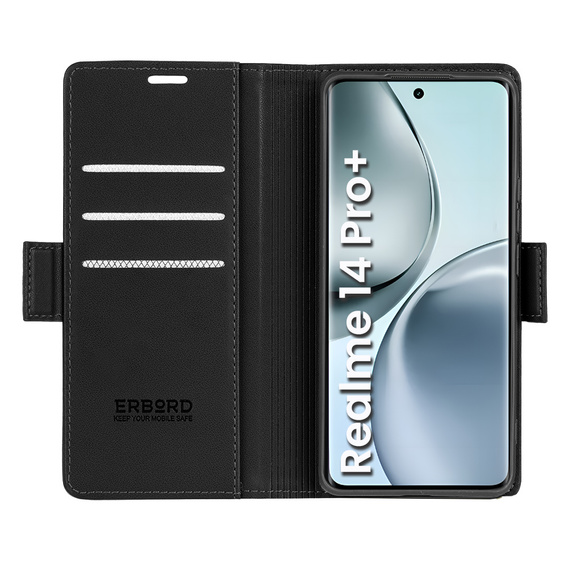 Pouzdro pro Realme 14 Pro+ 5G, ERBORD Glossy Litchi, flipová peněženka, černé