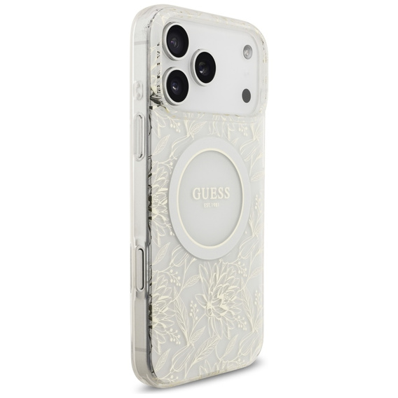 Pouzdro Guess IML Flowers Electroplated Allover With Beads Strap, pro MagSafe, s řemínkem pro iPhone 17 Pro Max
