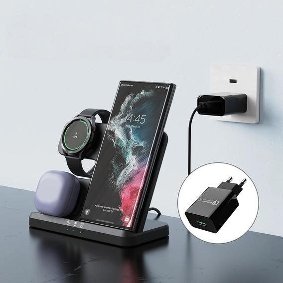 Bezdrátová indukční nabíječka 3v1 QI rychlá pro Samsung S25 S24 S23 Galaxy Watch Buds stanice černá