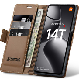 Pouzdro pro Xiaomi 14T Pro, ERBORD Glossy Litchi, flipová peněženka, hnědé
