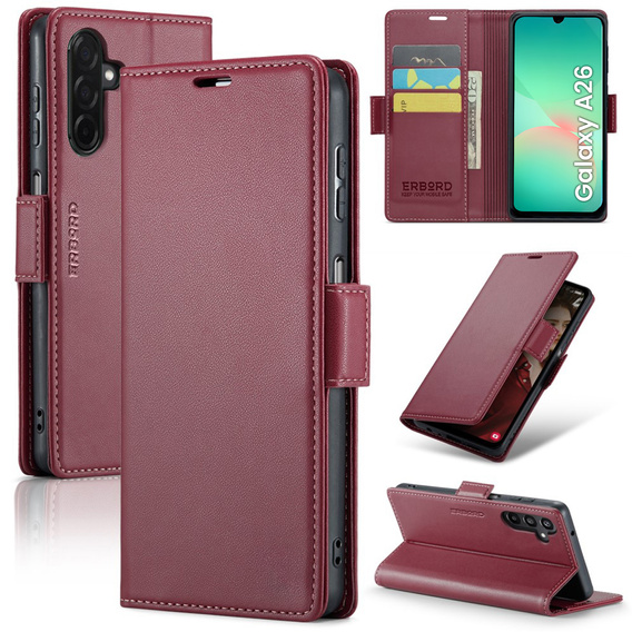 Pouzdro pro Samsung Galaxy A26, ERBORD Glossy Litchi, flipová peněženka, červené