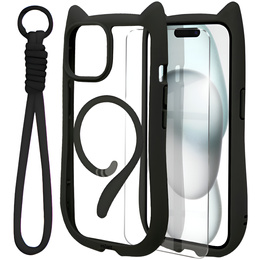 Pouzdro pro iPhone 13 / iPhone 14, pro MagSafe, Cute Cat, černé + sklo na displej