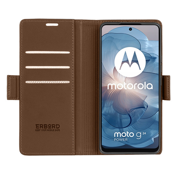 Pouzdro pro Motorola Moto G24 Power, ERBORD Glossy Litchi, flipová peněženka, hnědé