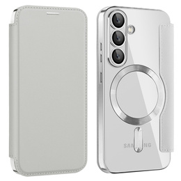 Klopové pouzdro pro Samsung Galaxy S25, RFID Wallet MagSafe CamShield, stříbrné