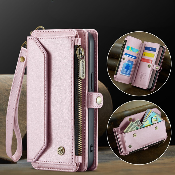 Pouzdro CASEME pro iPhone16E, RFID Leather Wallet, s popruhem přes rameno, růžové
