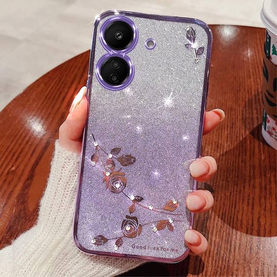Pouzdro pro Xiaomi Redmi 13C / Poco C65, Glitter Flower, fialové