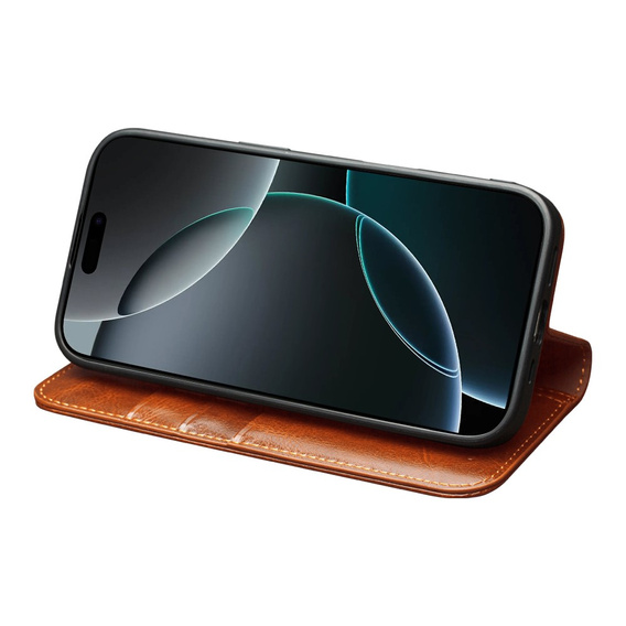 QIALINO Flipové pouzdro z pravé hovězí kůže pro iPhone 17 Pro Max, hnědé