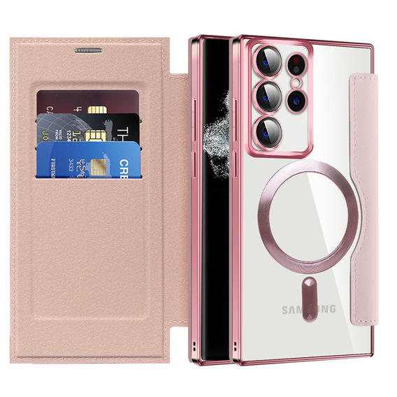 Klopové pouzdro pro Samsung Galaxy S22 Ultra 5G, RFID Wallet MagSafe CamShield, růžové