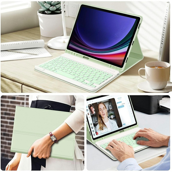 Pouzdro + klávesnice Samsung Galaxy Tab S9 FE, Leather Pen Slot, světle zelené