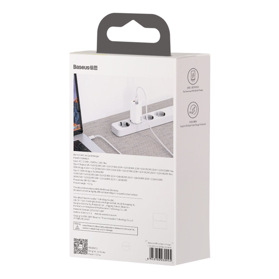 Baseus GaN2 Lite 65 W USB-C + USB-A síťová nabíječka, bílá (EU)
