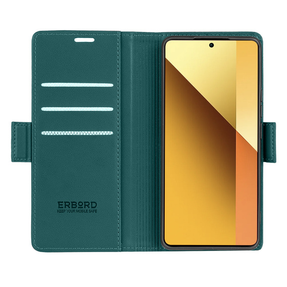 Pouzdro pro Xiaomi Redmi Note 13 5G, ERBORD Glossy Litchi, flipová peněženka, zelené