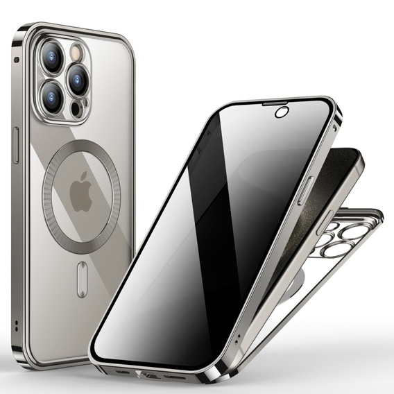 Pouzdro pro iPhone 15 Pro Max, Privacy Dual Glass, pro MagSafe, stříbrné