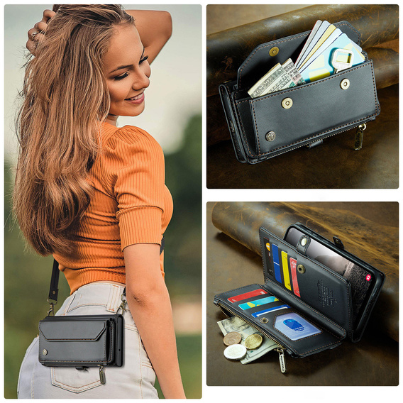 Klopové pouzdro pro Samsung Galaxy A17 5G, peněženkové pouzdro se zámkem a popruhy - černé