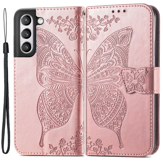 Klopové pouzdro pro Samsung Galaxy S21 FE, Butterfly, růžové rose gold