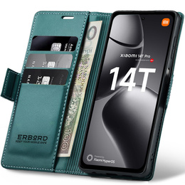 Pouzdro pro Xiaomi 14T Pro, ERBORD Glossy Litchi, flipová peněženka, zelené