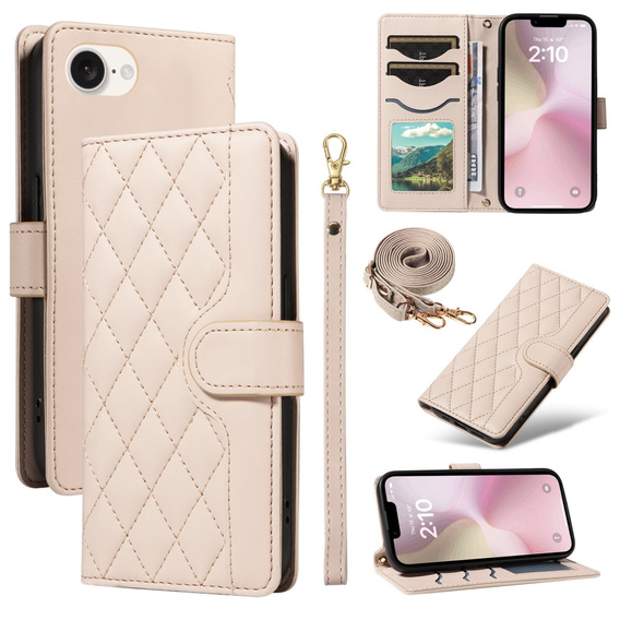 Pouzdro s klopou pro iPhone 16E, Rhombus Crossbody Leather, béžové