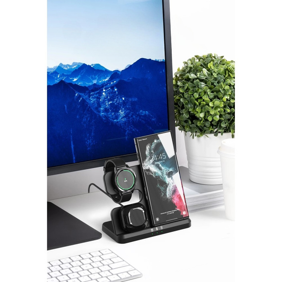Bezdrátová indukční nabíječka 3v1 QI rychlá pro Samsung S25 S24 S23 Galaxy Watch Buds stanice černá