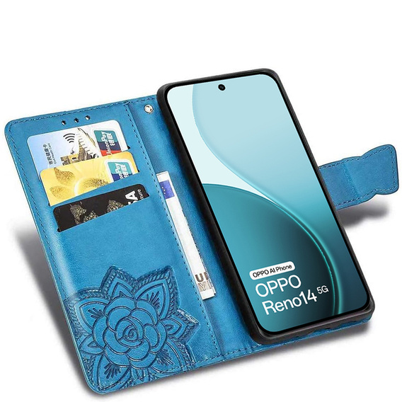 Klopové pouzdro pro Oppo Reno 14, Butterfly, peněženka, modré