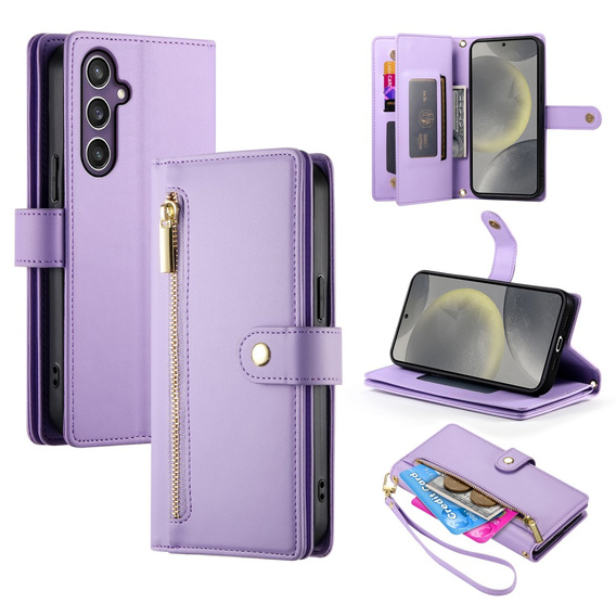 Klopové pouzdro pro Samsung Galaxy S25, Wallet Zipper Pocket, fialové