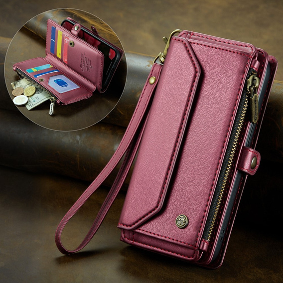 Pouzdro CASEME pro iPhone16e, RFID Leather Wallet, s popruhem přes rameno, červené