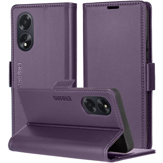 Pouzdro pro Oppo A60, ERBORD Glossy Litchi, flipová peněženka, fialové