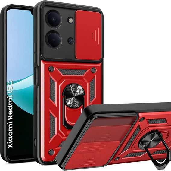 Pancéřové pouzdro pro Xiaomi Redmi 15C 4G/LTE, s ochranou fotoaparátu, se stojánkem, červené