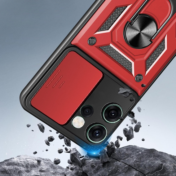 Pancéřové pouzdro pro Oppo Reno 14F, s ochranou fotoaparátu, se stojánkem, červené