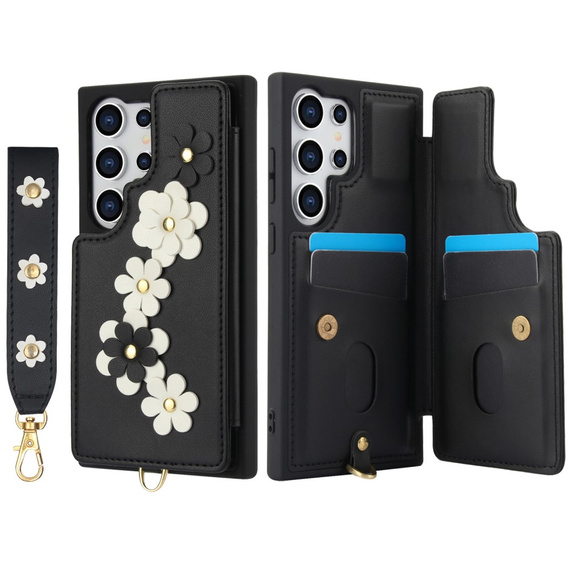 Pouzdro pro Samsung Galaxy S25 Ultra, Leather Flower Card Slot, černé
