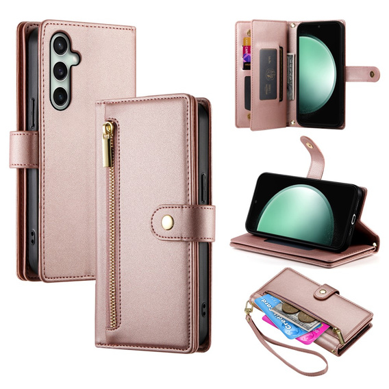 Klopové pouzdro pro Samsung Galaxy S24 FE, Wallet Zipper Pocket, růžové