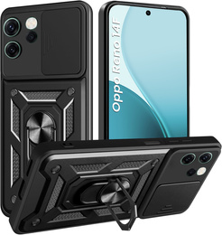 Pancéřové pouzdro pro Oppo Reno 14F, s ochranou fotoaparátu, se stojánkem, černé