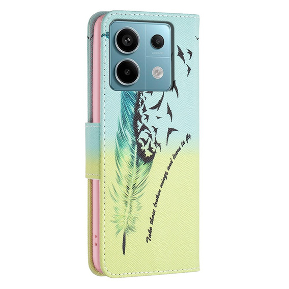 Klopové pouzdro pro Xiaomi Redmi Note 13 Pro 5G, Wallet, Feather modré / žluté
