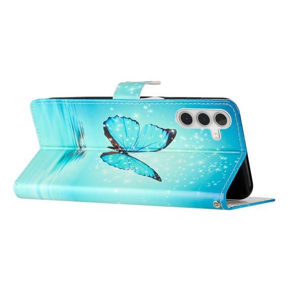 Klopové pouzdro pro Samsung Galaxy A25 5G, Wallet, Butterfly, modré + 9H sklo 