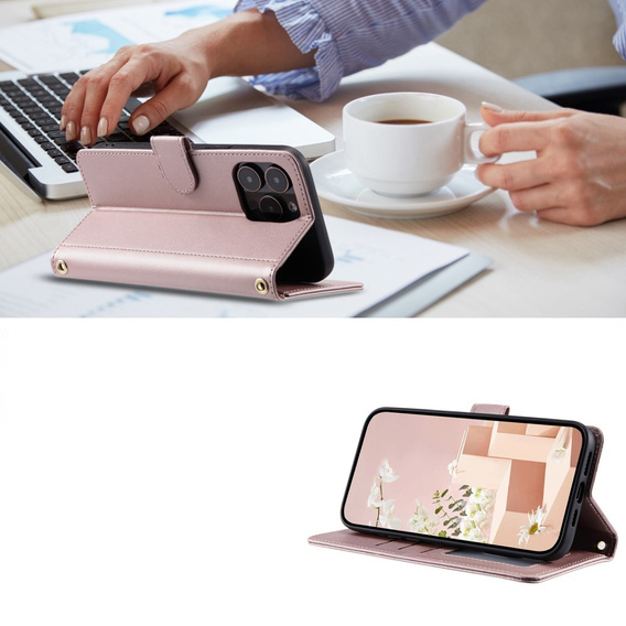 Pouzdro s klopou pro iPhone 16 Pro, Rhombus Crossbody Leather, růžové rose gold
