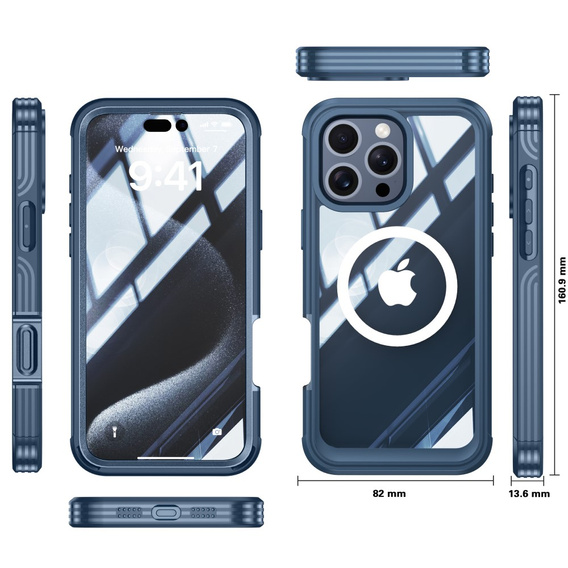 Pouzdro pro iPhone 16 Pro, Shockproof, se sklem, pro MagSafe, námořnicky modré