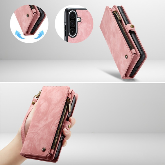 CASEME pouzdro pro Samsung Galaxy A56 5G, Retro Leather Wallet, s páskem, růžové