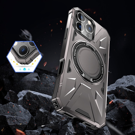 Pouzdro pro iPhone 16 Pro Max, pancéřované se stojánkem a deskou na rukojeť, šedé
