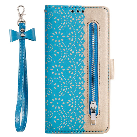 Flipové pouzdro pro Samsung Galaxy S22+ Plus 5G, Wallet Pocket Zipper Lace, modré